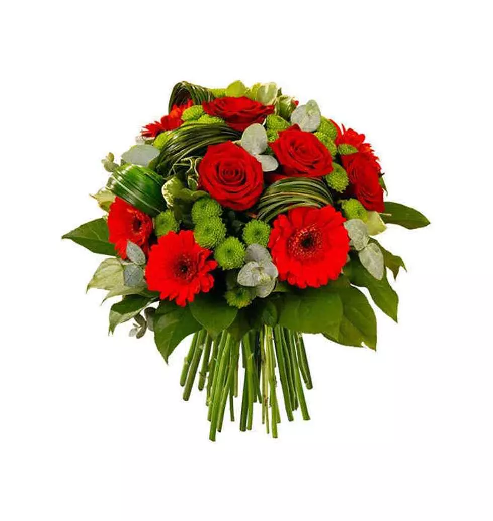 Blossoming Selection of Red Roses with Soft Green Santini